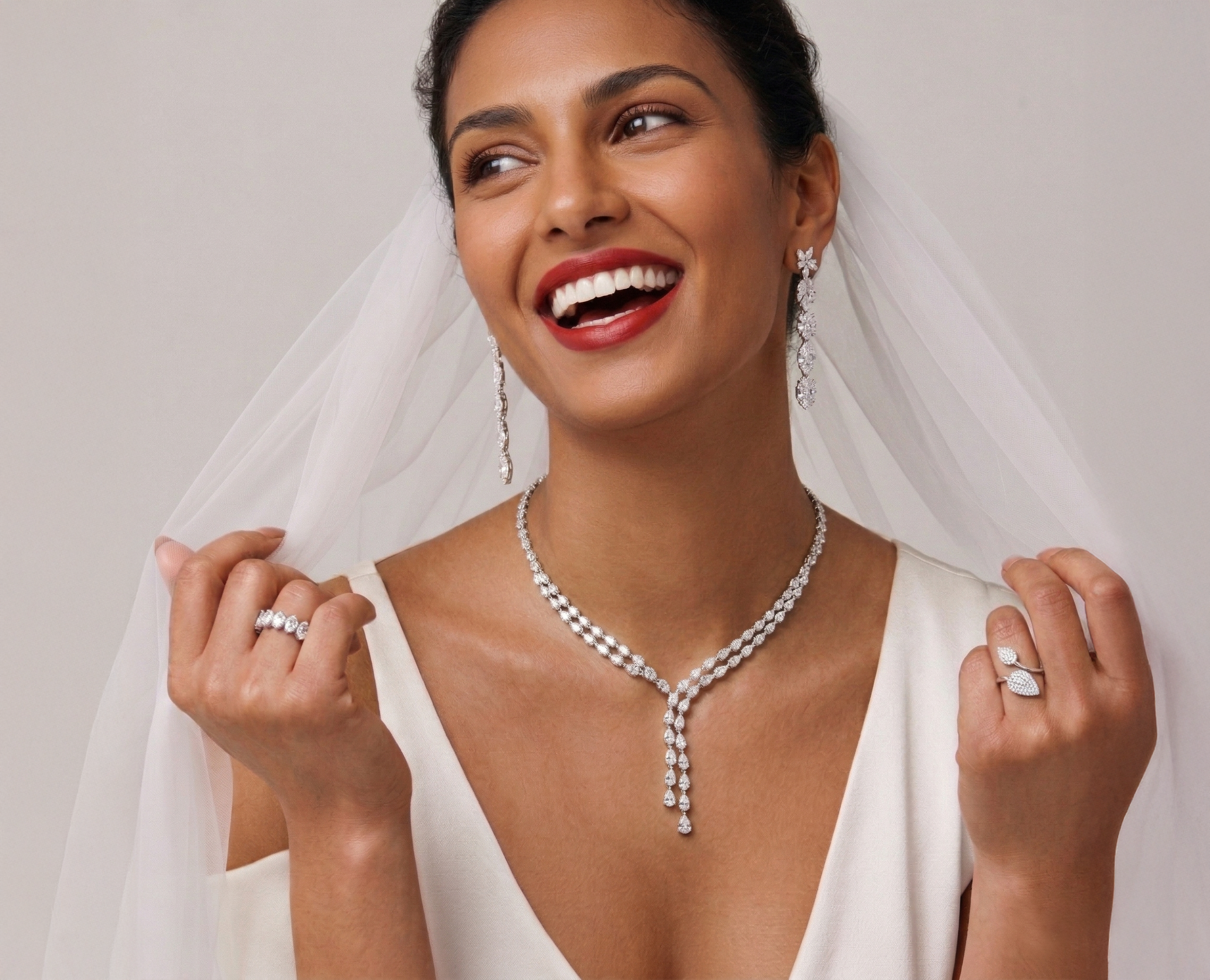 Bride wearing diamond jewelry