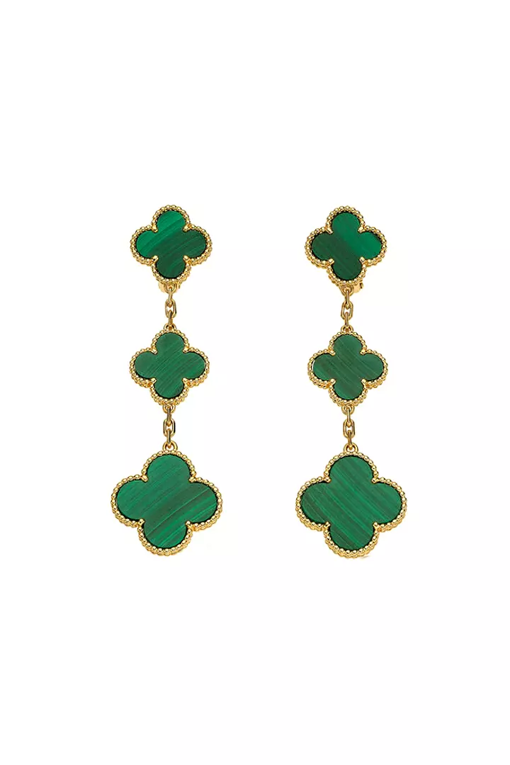 The Van Cleef Triple Alhambra Green Malachite Earrings.