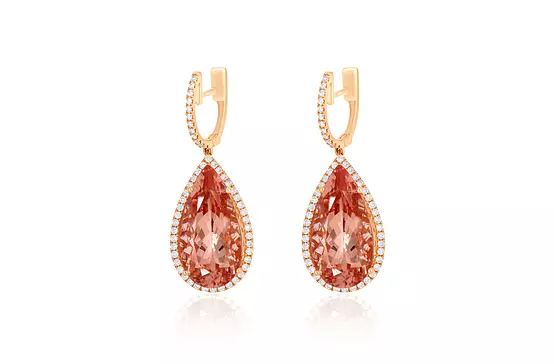 morganite and diamonds rose gold pear shaped diamond drop earrings for rent