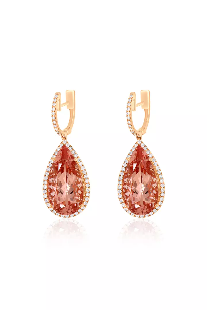 morganite and diamonds rose gold pear shaped diamond drop earrings for rent