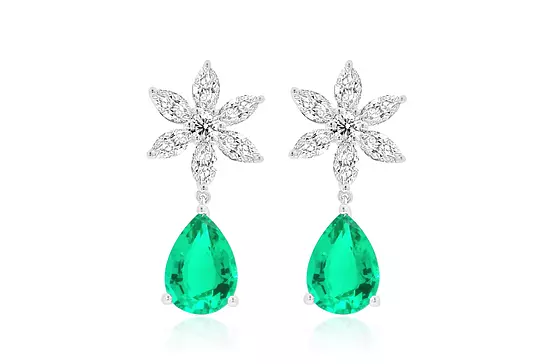 sunburst diamond and emerald drop earrings for rent for wedding or red carpet event