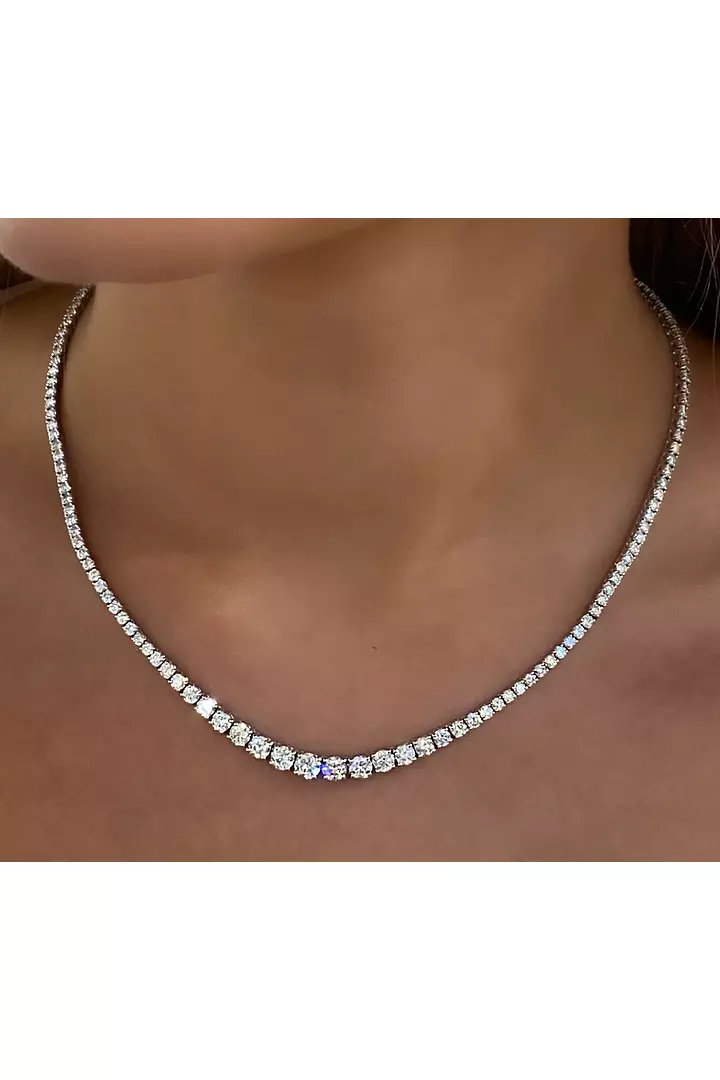 A model wearing the Graduated Eco Diamonds Tennis Necklace.