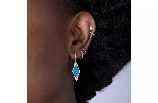 geometric opal and diamonds drop earrings for rent on a model