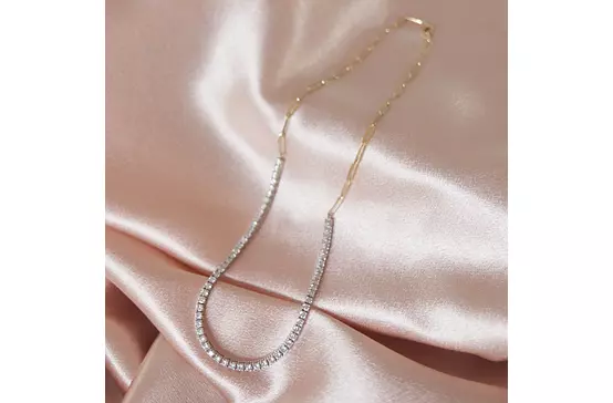 rent diamond tennis necklace with paperclip chain in yellow gold