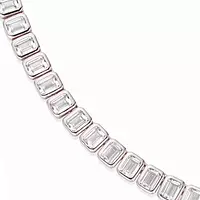 closeup of a bezel set emerald shaped tennis necklace for rent