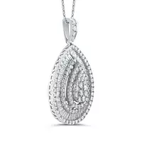 sideways view of a diamond teardrop shaped necklace for rent for wedding day