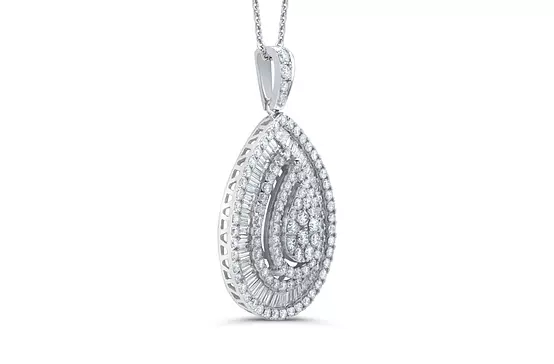 sideways view of a diamond teardrop shaped necklace for rent for wedding day