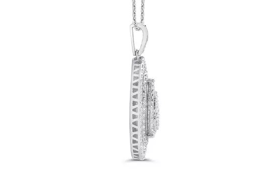 sideways view of a teardrop shaped diamond necklace for rent