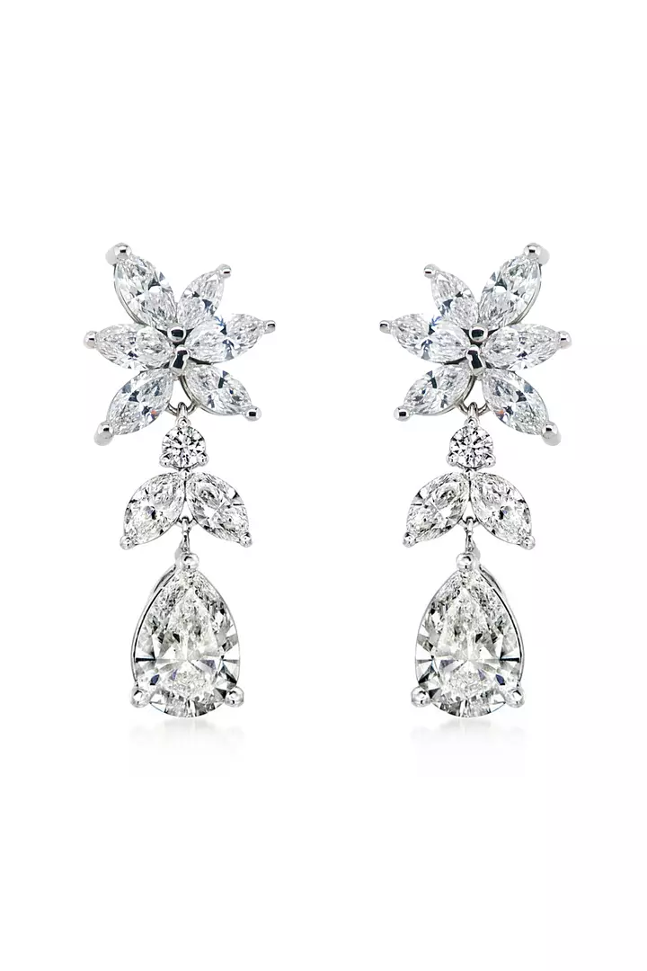 Rent Floral and Pear Shaped Diamond Drop Earrings in White Gold