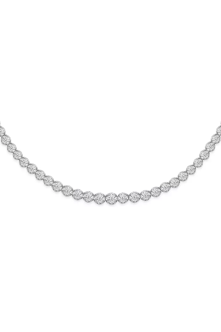 detail of a tennis diamond necklace for rent in white gold