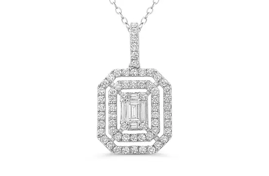 Rent emerald shaped designer diamond pendant necklace for wedding day bridal rental