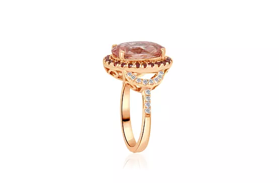 side view of diamond and morganite fashion ring for rent in rose gold
