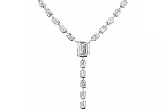 lariat diamond tennis necklace with emerald shaped diamonds for rent