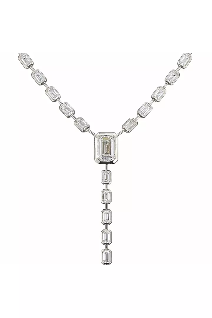 lariat diamond tennis necklace with emerald shaped diamonds for rent