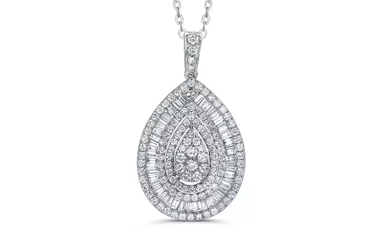 Baguette Teardrop Diamond Pendant Necklace for rent for bridal events or weddings