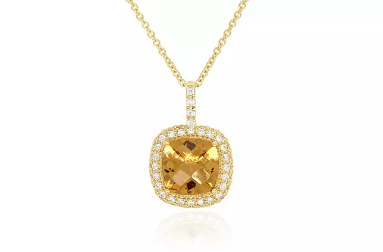 rent yellow beryl and white diamonds cushion shaped yellow gold pendant necklace for bridal rental