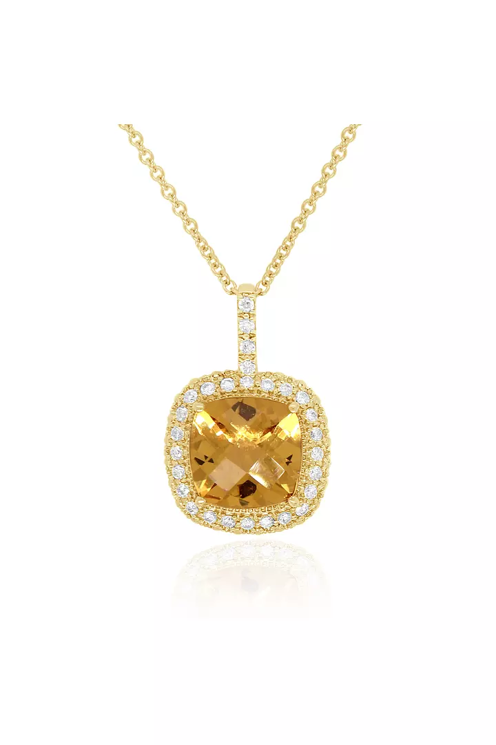 rent yellow beryl and white diamonds cushion shaped yellow gold pendant necklace for bridal rental