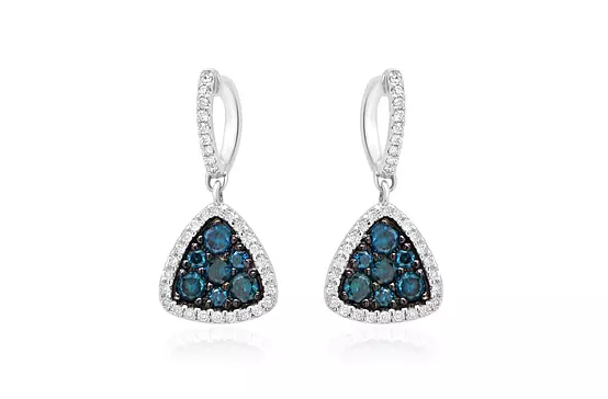 rent designer drop earrings with blue diamonds in white gold