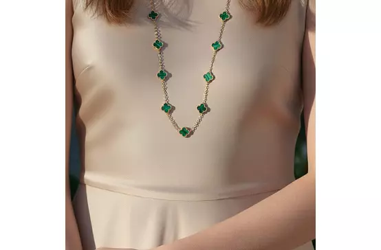 Van Cleef Green Malachite Alhambra Necklace on model