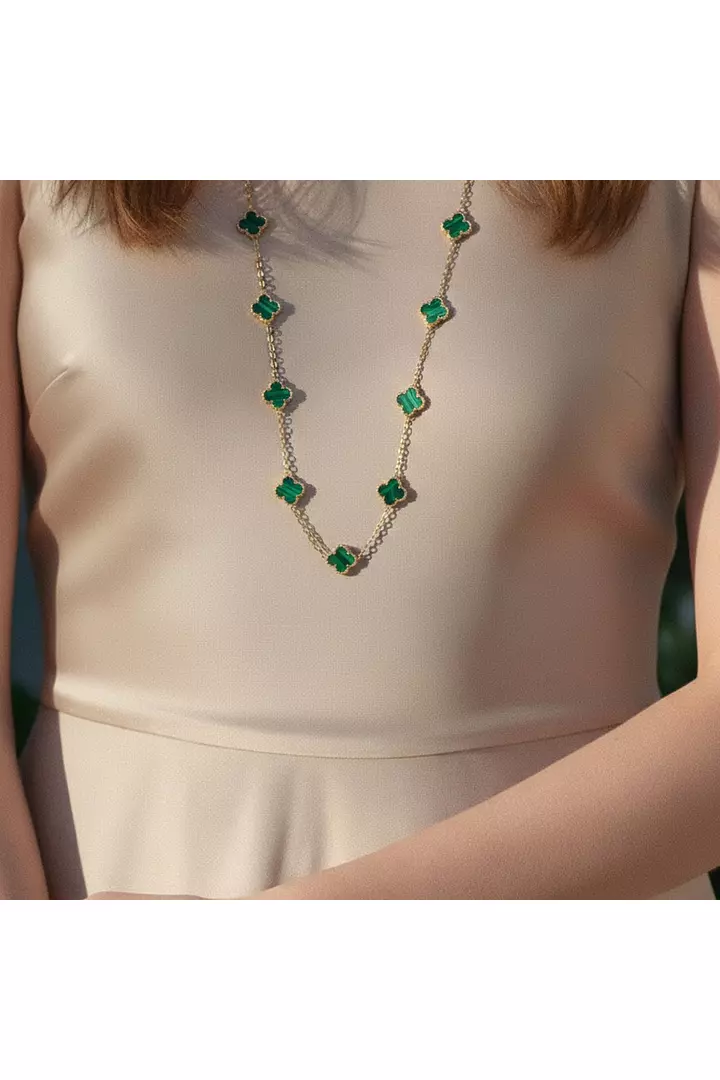 Van Cleef Green Malachite Alhambra Necklace on model