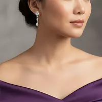 Rent diamond drop earrings for wedding day bridal rental on a white model