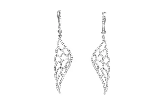 wing shaped diamond drop earrings in white gold available for rent