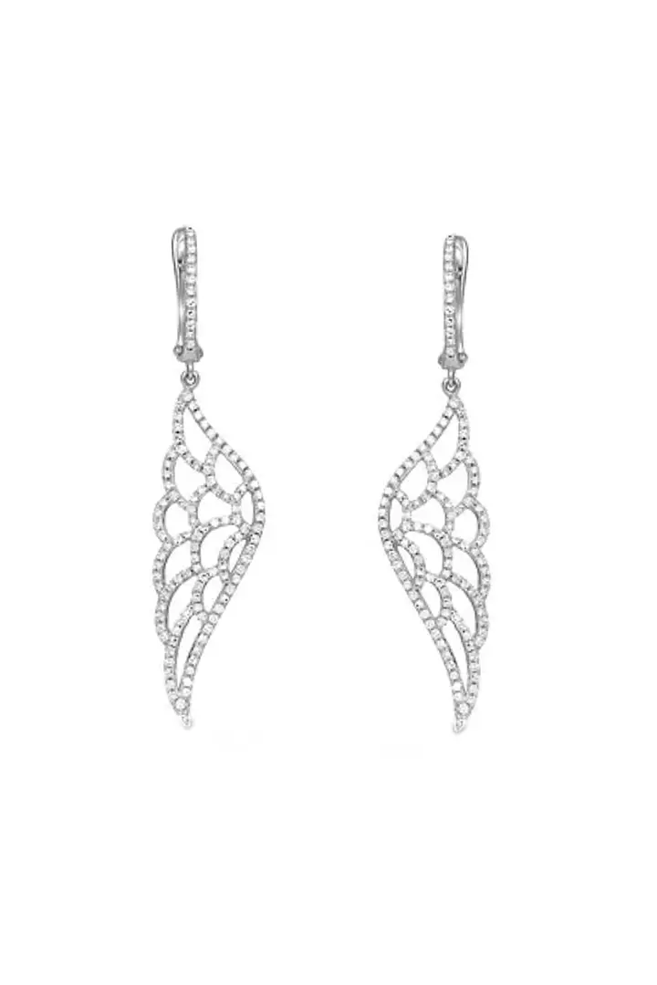 wing shaped diamond drop earrings in white gold available for rent
