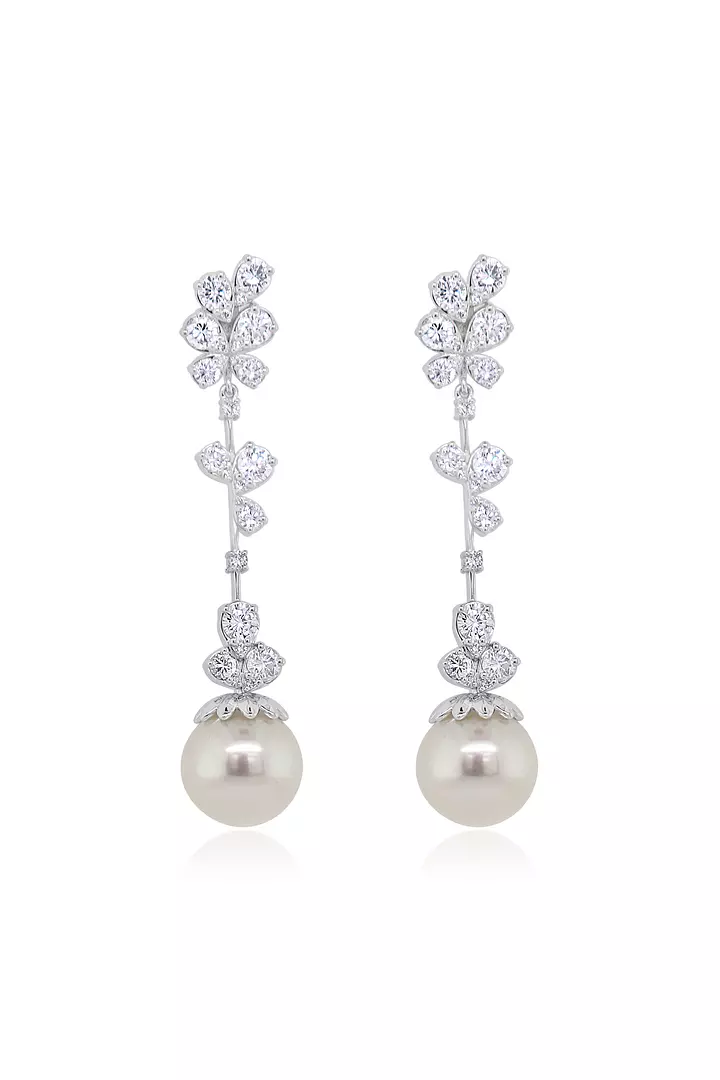 rent diamond and pearl drop earrings with flower design
