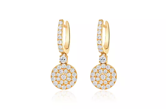 Yellow Gold and Diamond circle drop disc earrings for rent for weddings