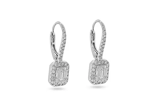 borrow diamond halo earrings with emerald shape