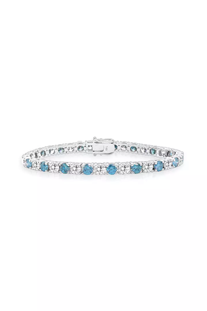 blue and white diamond tennis bracelet in white gold for rent for a wedding or special event