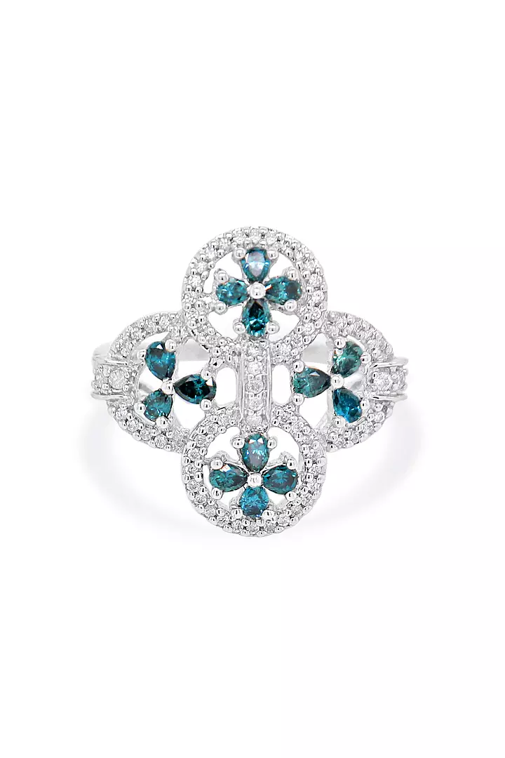 rent designer diamond ring with blue and white diamonds in white gold
