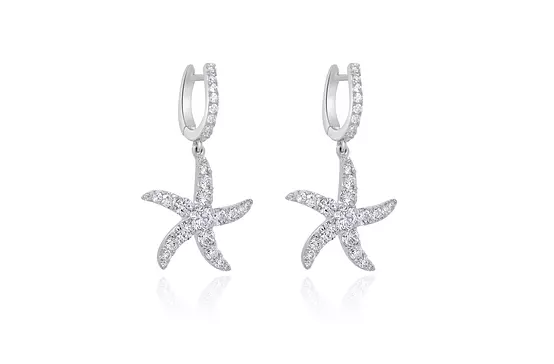 diamond starfish shaped drop earrings in white gold for bridal rental