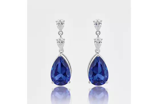 Eco Sapphire and Diamonds Pear Shaped Drop Earrings