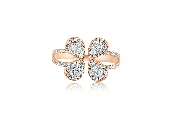 Front view of the four petals on this rose gold diamond cocktail ring