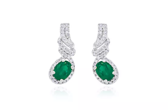 Green emerald and white pave diamonds drop earrings for a special occasion or wedding day
