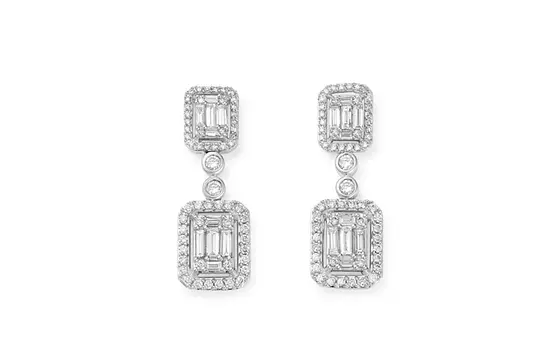 Rent diamond baguette emerald shaped drop earrings for wedding day