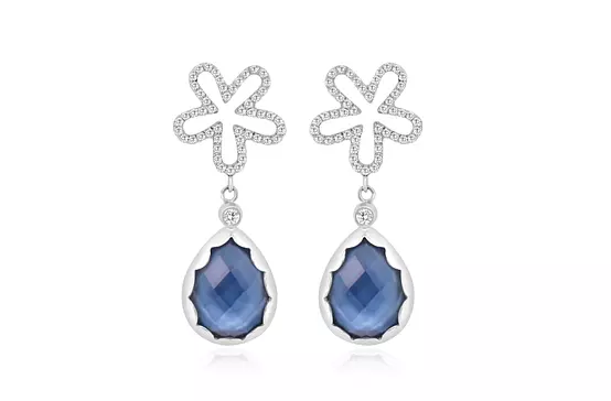 rent diamond flower and blue pear shaped earrings