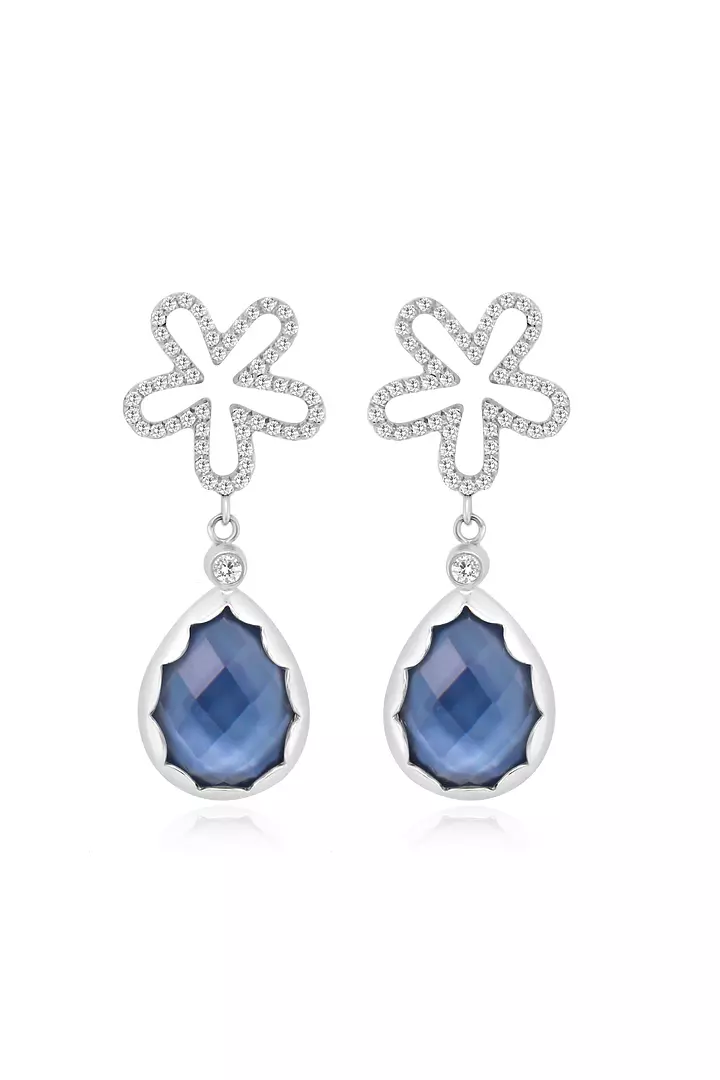 rent diamond flower and blue pear shaped earrings