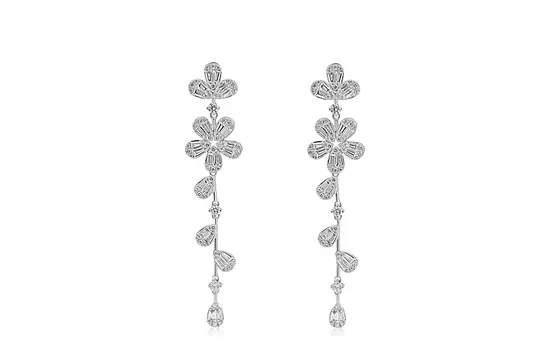 rent diamond flower shaped baguette drop earrings in white gold for a wedding day