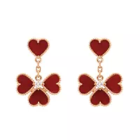 Sweet Alhambra Drop Earrings with Diamonds and  Red Carnelian 