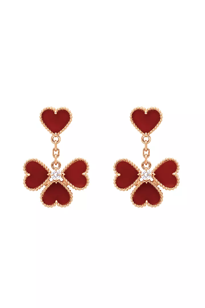Sweet Alhambra Drop Earrings with Diamonds and  Red Carnelian 