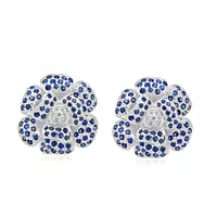 blue sapphire and white diamonds flower gold earrings with omega backs available for rent