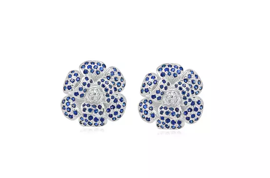 blue sapphire and white diamonds flower gold earrings with omega backs available for rent