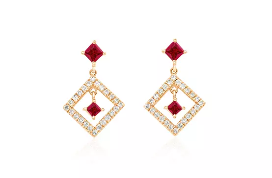 rubies and diamonds geometric yellow gold drop earrings for rent