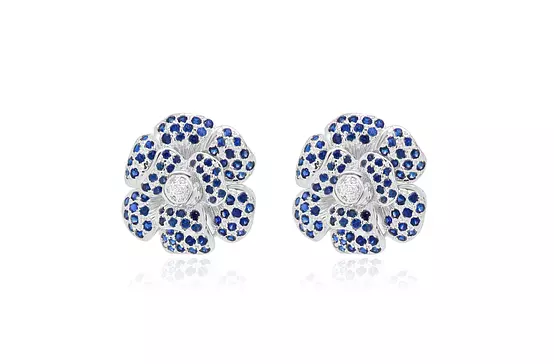rent blue sapphire and white diamonds large flower earrings in white gold for wedding day
