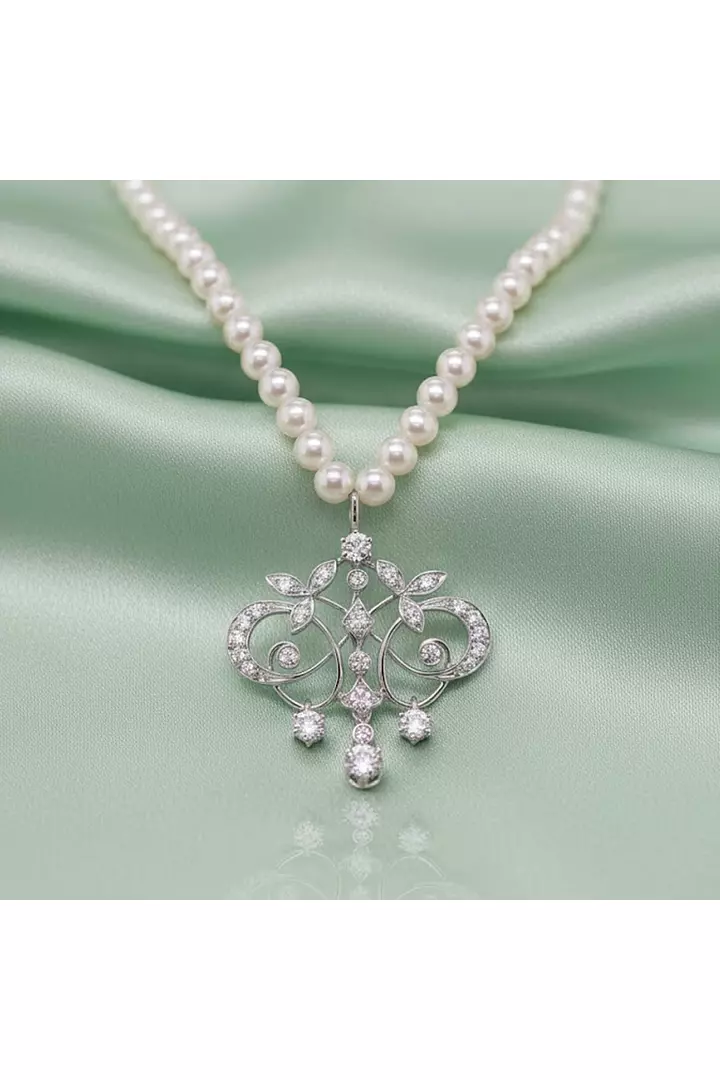 Art Nouveau Diamond Drop Pearl Necklace