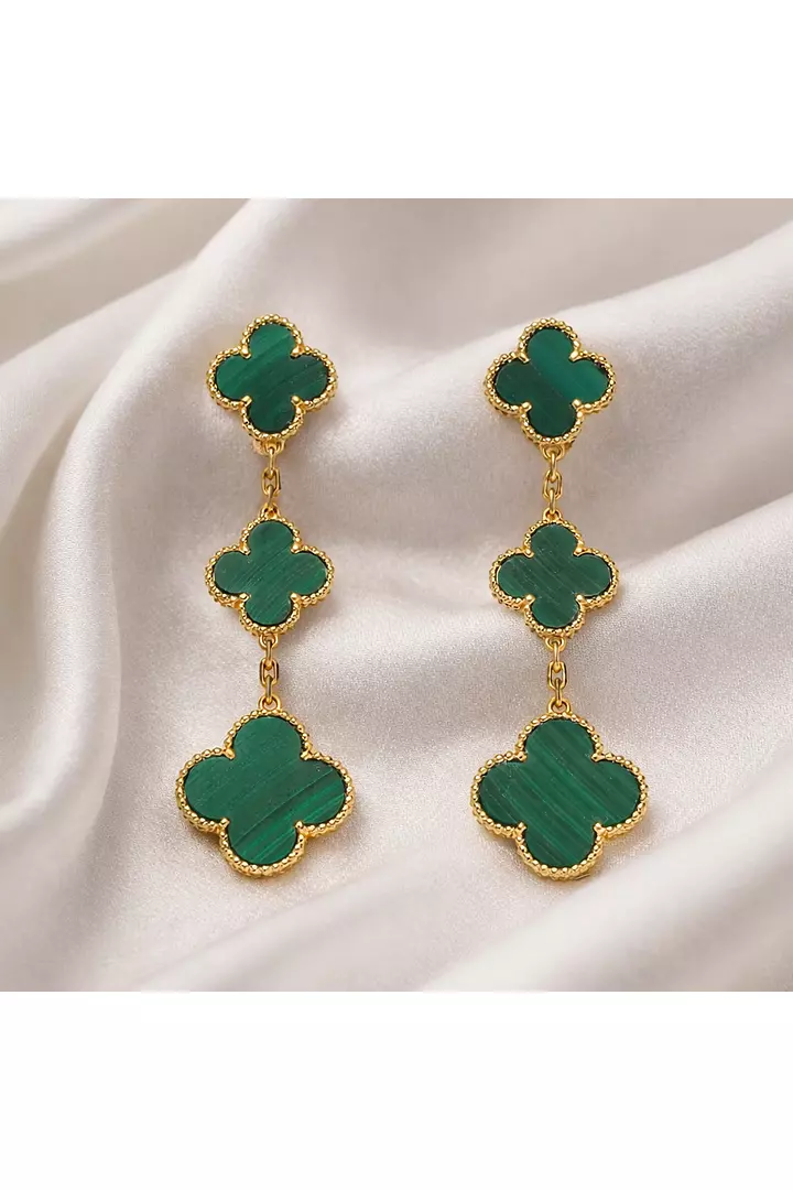 Van Cleef Triple Alhambra Green Malachite Earrings