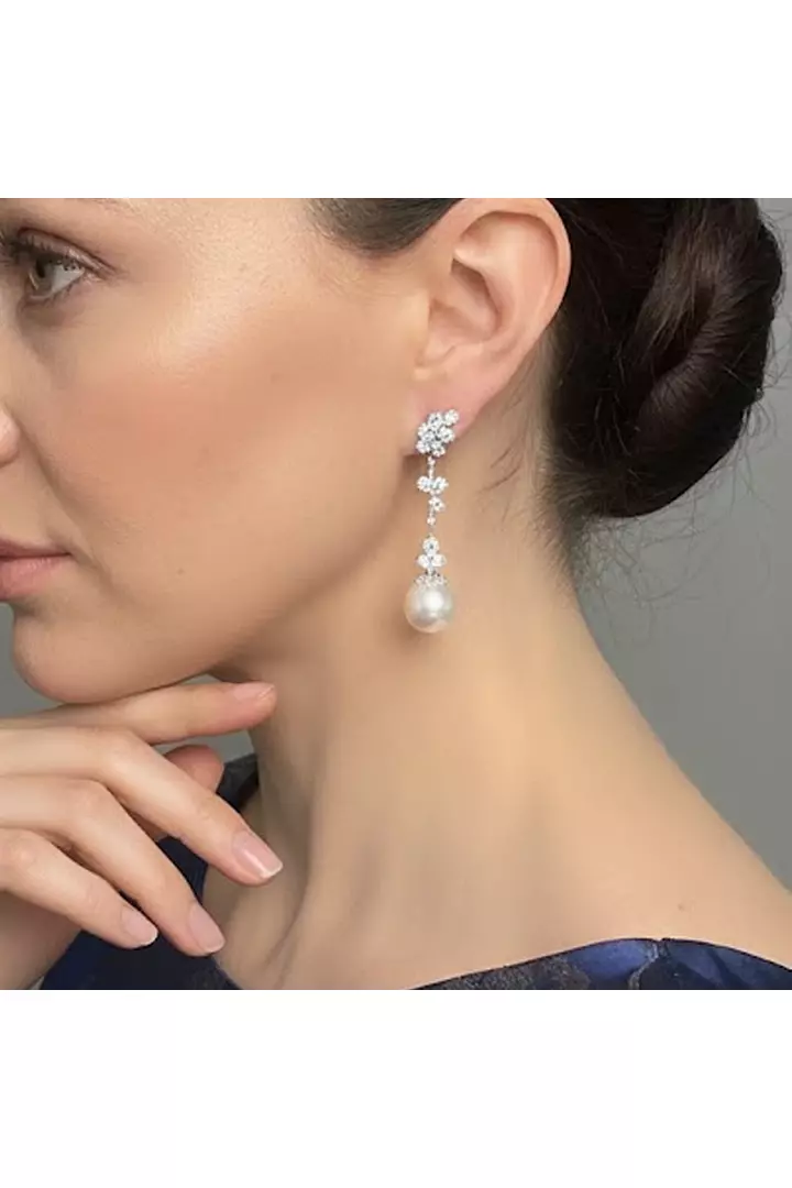 Diamond and Pearls Cascading Flowers Drop Earrings