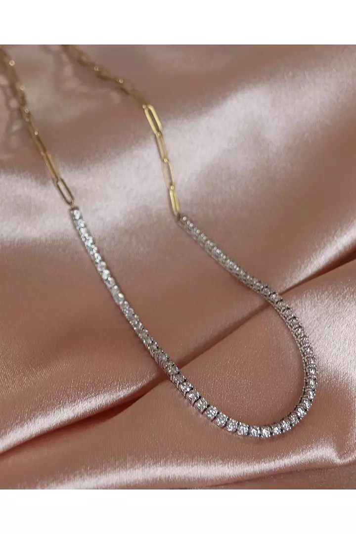 Yellow Gold Paperclip Diamond Tennis Necklace